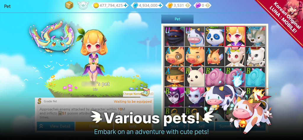LUNA : MOBILE - A screenshot of the LUNA MOBILE pet collection interface showing various adorable animals and a chibi character.