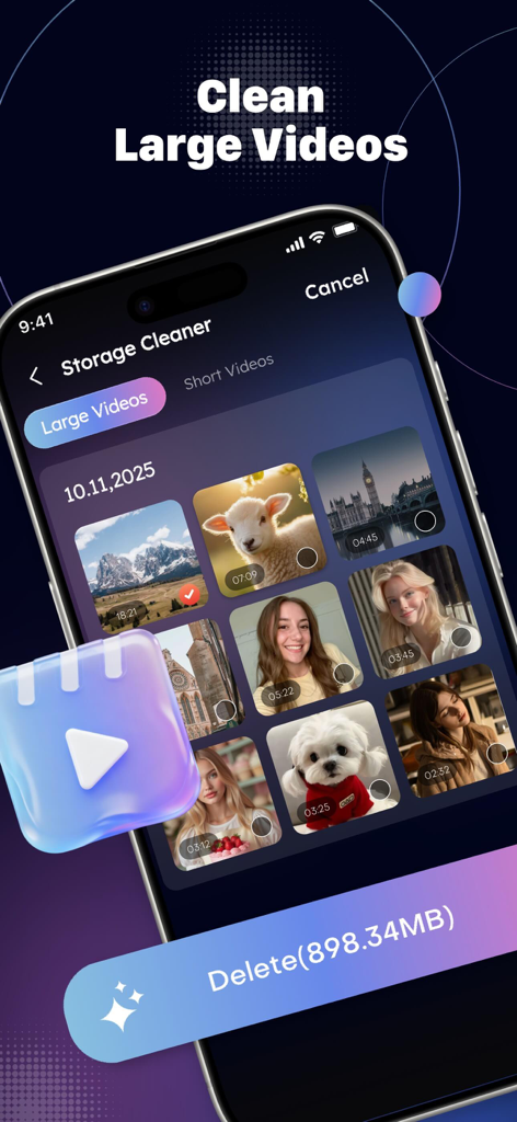 SnapMaster: Storage Cleaner - SnapMaster app interface showing a list of large videos to delete for freeing up storage space on an iPhone.