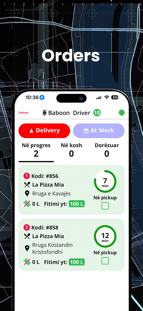 Baboon Driver - Baboon Driver app dashboard showing active delivery orders with pickup times and restaurant locations