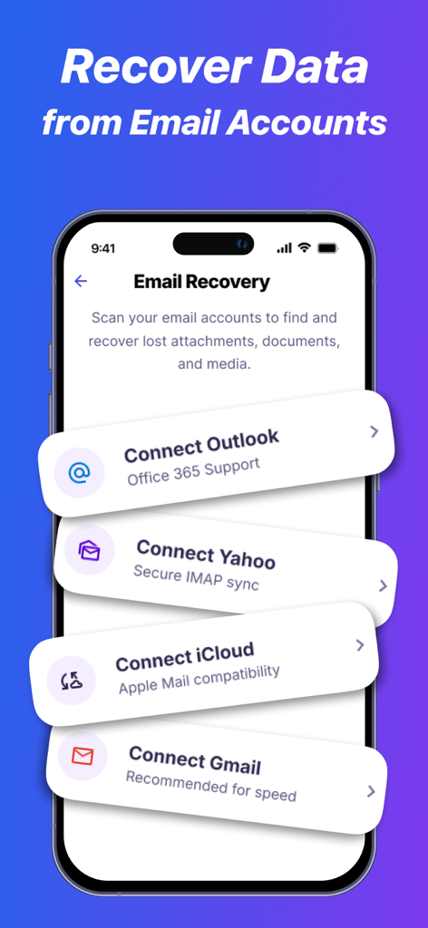 DiskDigger Pro File Recovery - Outlook Yahoo iCloud 및 Gmail 계정 연결 옵션이 있는 이메일 복구 화면을 보여주는 DiskDigger Pro 앱 스크린샷