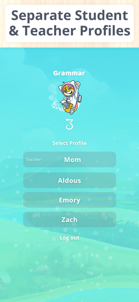 Learn Grammar 3rd Grade - Screenshot of the Learn Grammar 3rd Grade app showing the profile selection screen with separate accounts for teachers and students