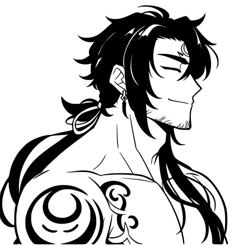 anime handsome man, muscular, medium length black hair crescent moon tattoo on forehead