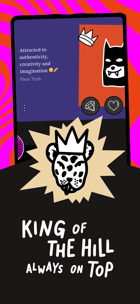 Uno screenshot dell'app di incontri anonimi PURE che mostra un annuncio personale da New York e una grafica King of the Hill