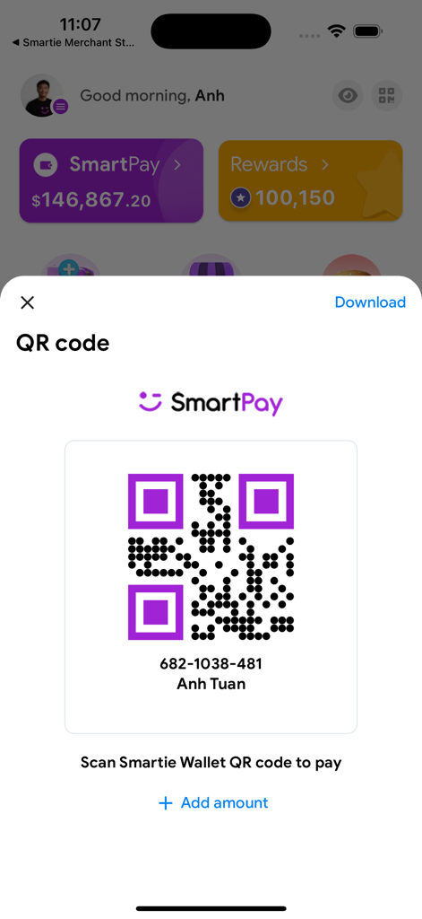 Smartie: The smart way to pay - Smartie app interface displaying a personal QR code for secure SmartPay transactions.