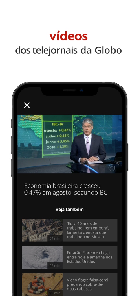 뉴스 앵커와 추천 동영상 클립이 있는 브라질 뉴스 방송을 표시하는 G1 앱 동영상 인터페이스