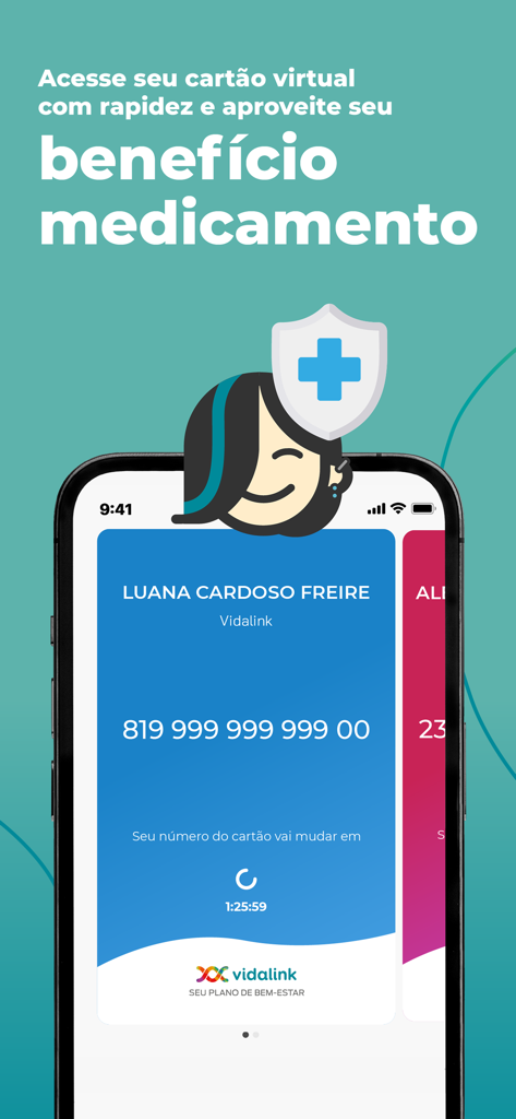 Vidalink - Vidalinkモバイルアプリのスクリーンショット。薬局や医薬品の割引のためのデジタル健康福利厚生カードが表示されています。