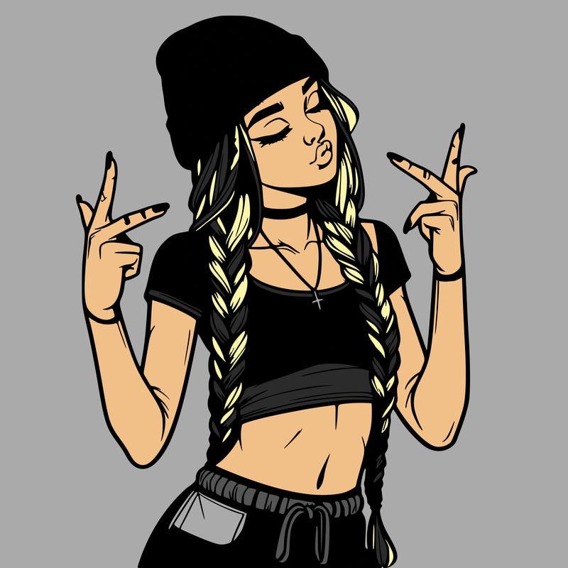 realistic teenage girl with braids and a beanie and crop top doing 🫶🏼