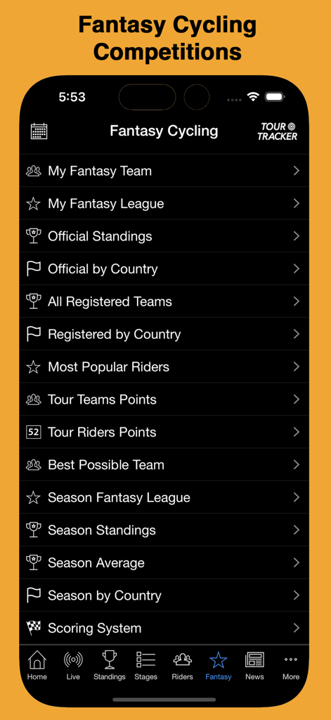 Tour Tracker Pro Cycling - A list of fantasy cycling competition options including leagues teams and standings within the app