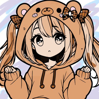 cute anime girl with ponytails and a cute bear hoodie