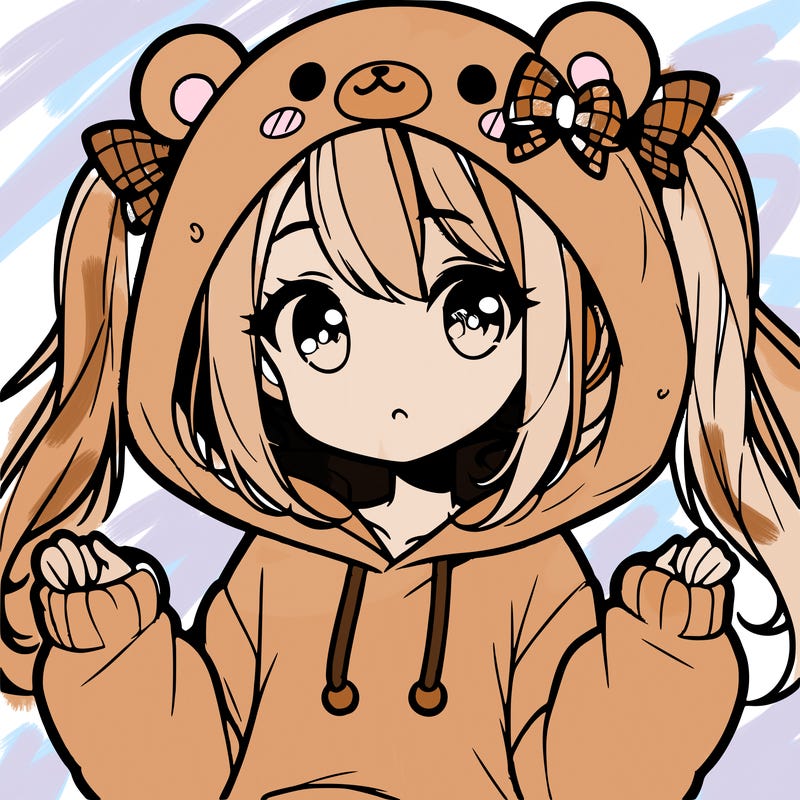 cute anime girl with ponytails and a cute bear hoodie