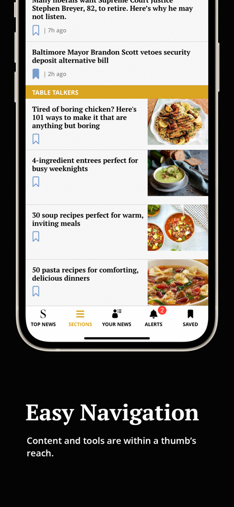 The Baltimore Sun - A mobile phone screen displaying The Baltimore Sun news app interface with easy navigation features