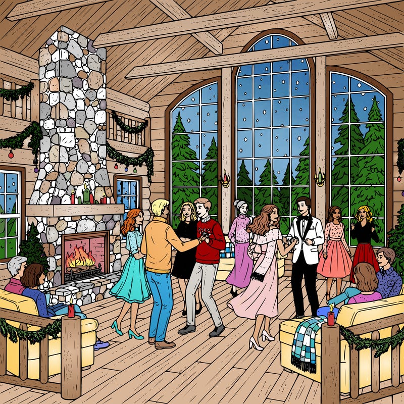 cozy winter formal held inside a large wooden lodge. teens or young adults in formal clothing dance near a stone fireplace while snow falls outside large windows. some guests sit on couches or stand nearby chatting. decorations like evergreen branches, candles, and string lights decorate the room. include details like warm winter clothing layers, wood beams, candles, and snow outside so there are seasonal details for coloring. people to look realistic, not cartoon-like