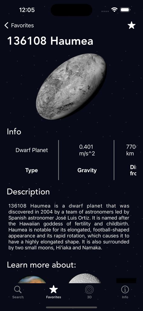 A detailed information screen for the dwarf planet Haumea within the Astris educational app featuring a 3D model and text description.