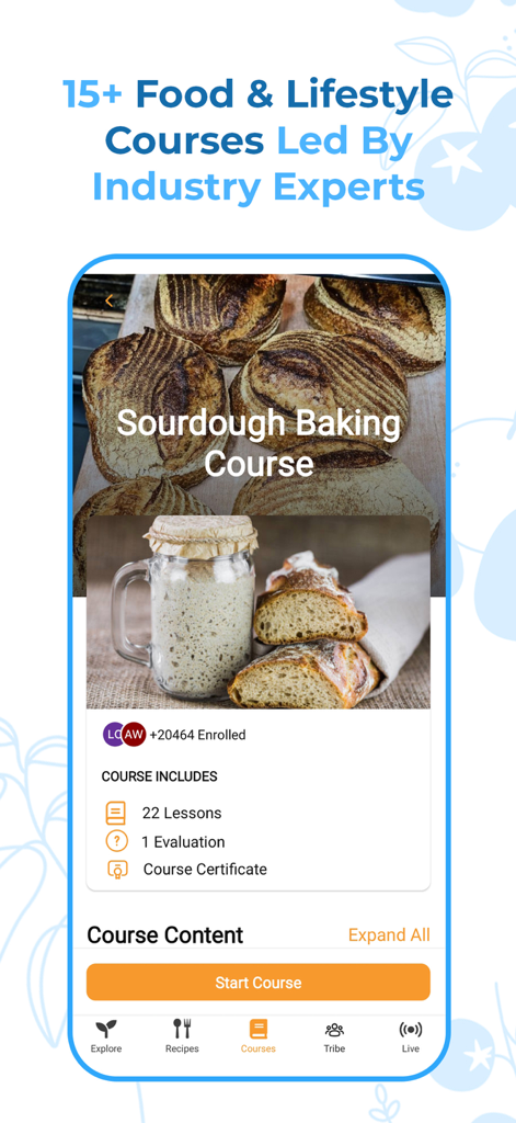 Tela do curso de panificação de fermento na massa no aplicativo Plant Based Recipe Club, mostrando as lições do curso e informações de inscrição.
