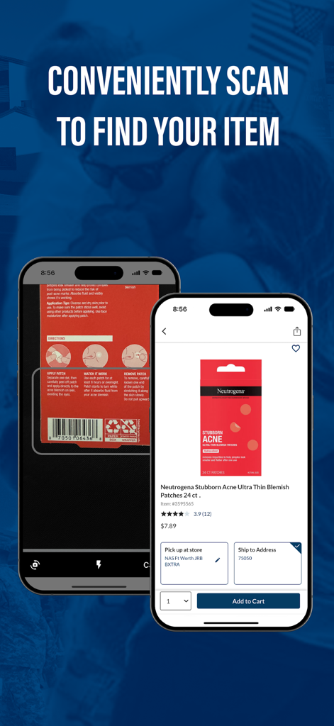 A mobile interface demonstrating the My Exchange app barcode scanner to find products and view item details.