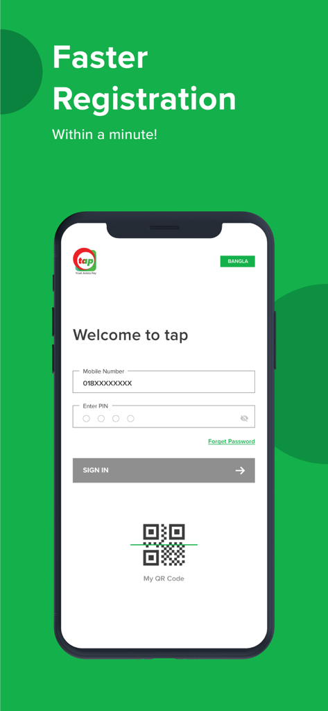 tap: Trust And Pay - Tap Trust And Pay mobile app sign in screen showing mobile number and PIN entry fields for fast registration