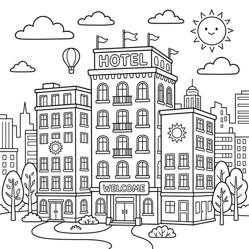 Step into a bustling urban landscape with this exciting hotel skyscraper coloring page, designed especially for kids! Bring to life a tall, welcoming hotel and its city surroundings with your favorite colors.
