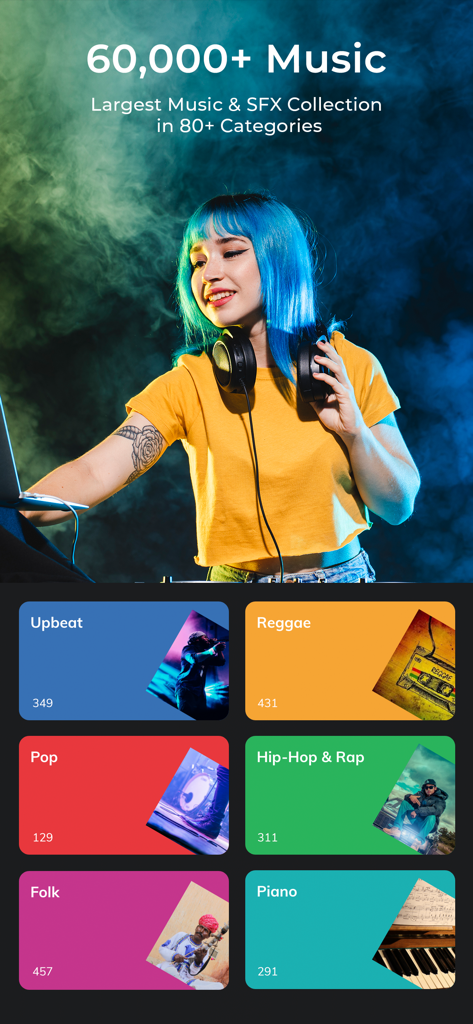Interface de l'application présentant une grande bibliothèque de musique libre de droits avec des genres comme Pop et Hip Hop