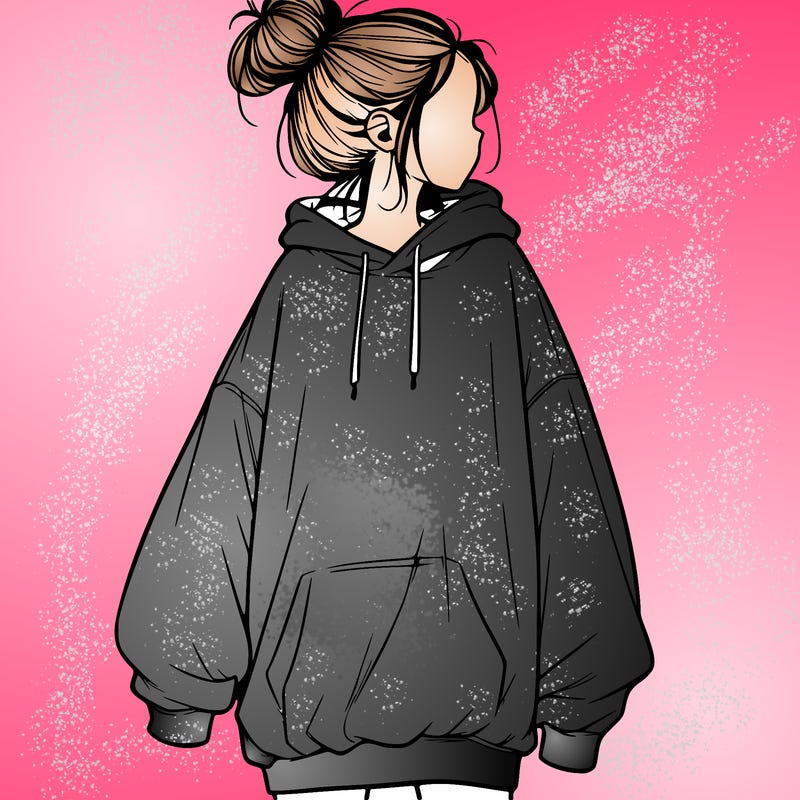 realistic girl with a oversized sweatshirt on and a bun