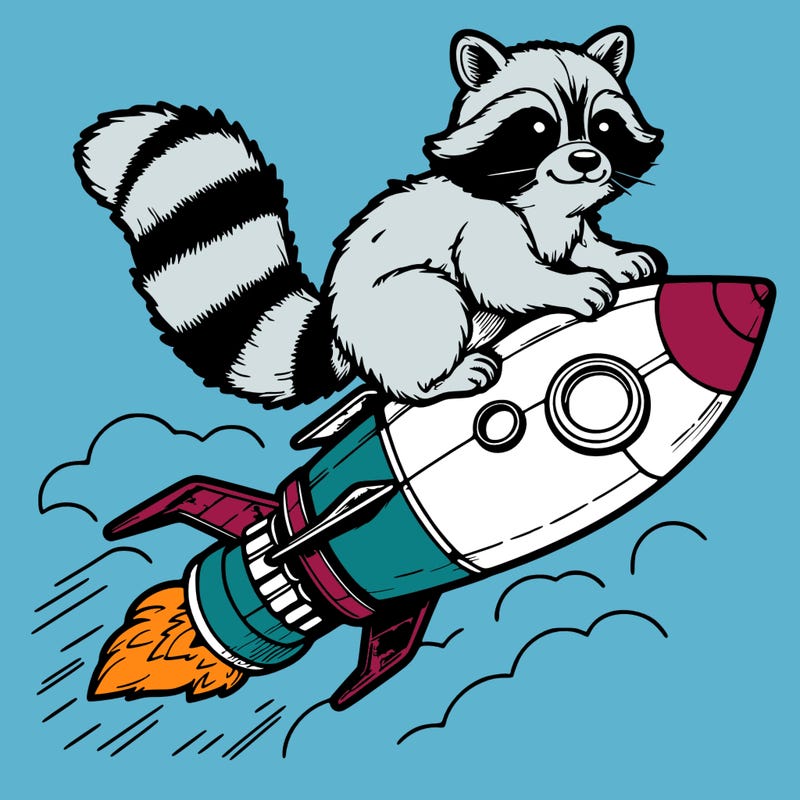realistic raccoon flying on top rocket ship