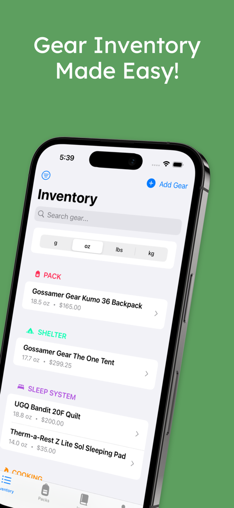 A smartphone screen displaying the Pak Mule app gear inventory interface with a list of hiking equipment and their respective weights and prices.
