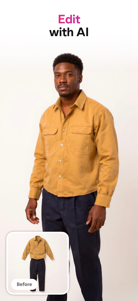 A man wearing a yellow shirt and navy pants generated by Bazaart AI photo editor from a clothing flat lay