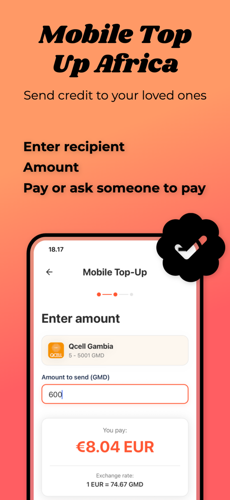 AfriiPay - AfriiPay mobile app interface for sending airtime credit to Qcell Gambia