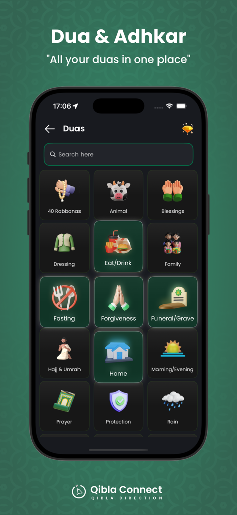 Qibla Connect® - Salah Times - Qibla Connect app interface showing a grid of different Dua and Adhkar categories like Blessings, Family, and Morning Evening