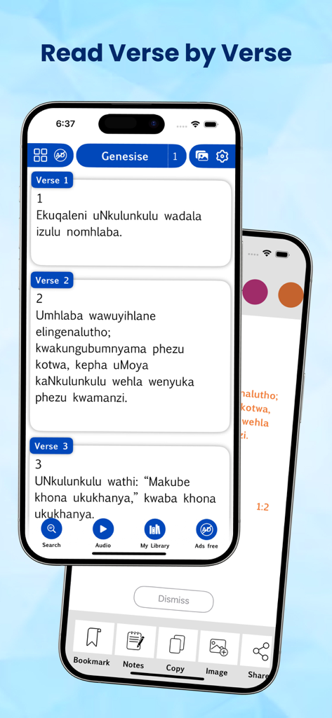 Zulu Bible - Zulu Bible mobile app interface showing Genesis Chapter 1 with verse by verse reading in Zulu language.