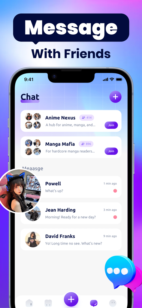Adult Social Hub - VerCos - Interface of the VerCos app showing community group chats and direct messages from friends.