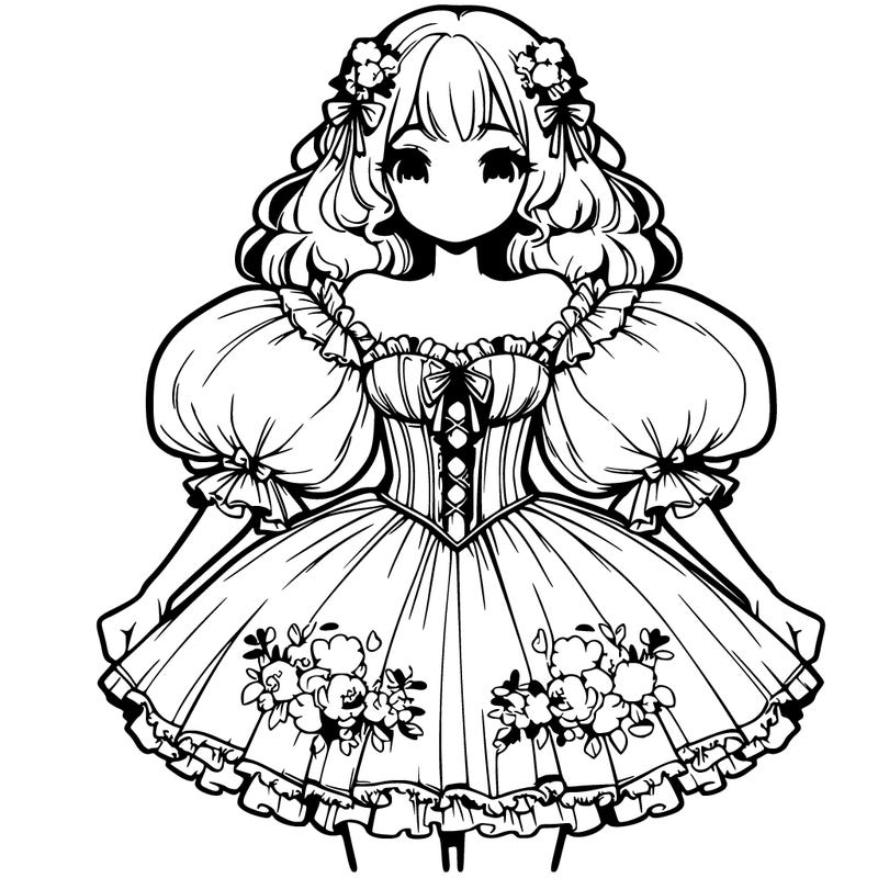 a girl in a dress with a puffy short skirt with flowers and a pretty corset that has long puffy sleeves thatare of the shoulder