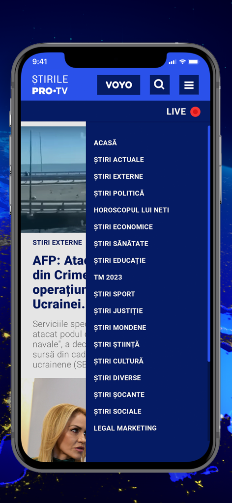 Stirile ProTV - Stirile ProTV mobile app navigation menu with news categories