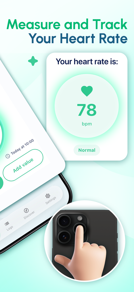 Body Temperature App Fever - Interface showing heart rate measurement at 78 bpm with a graphic illustrating how to place a finger on the phone camera