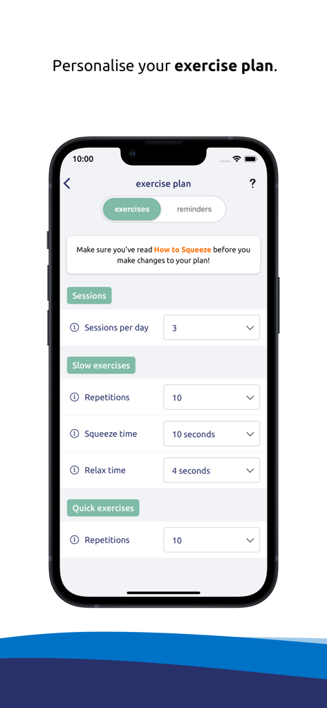 Squeezy - A mobile screen from the Squeezy app for personalizing pelvic floor exercise plans with settings for repetitions and squeeze time