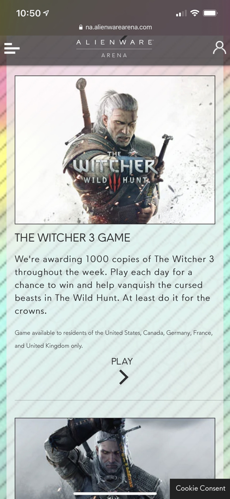 Alienware Arena app interface featuring a Witcher 3 Wild Hunt game giveaway promotion