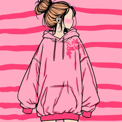 realistic girl with a oversized sweatshirt on and a bun