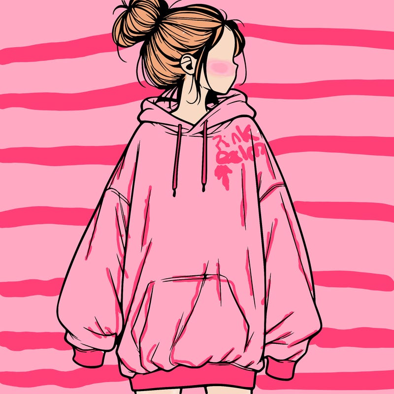 realistic girl with a oversized sweatshirt on and a bun
