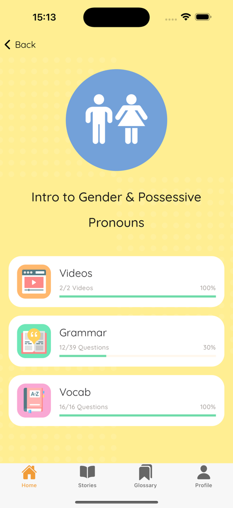 Painel do aplicativo Fluently mostrando uma lição sobre gênero e pronomes possessivos em Punjabi com barras de progresso para vídeos, gramática e vocabulário