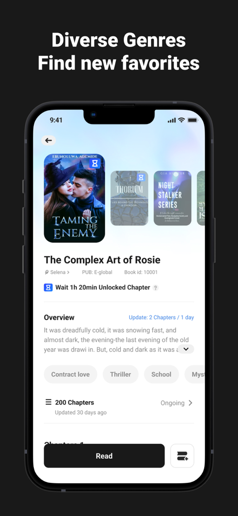Stolybook - Where Story Shines - Stolybook app screenshot showing diverse book genres and details for a romance story.