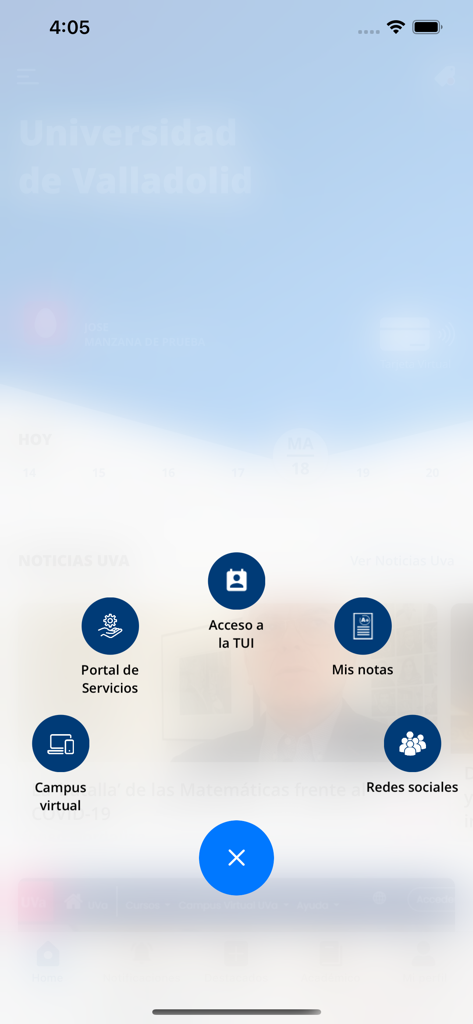 Menu de acesso rápido do aplicativo UVA - Uni. de Valladolid com ícones para notas, campus virtual e serviços.