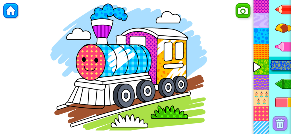 Kids Drawing & Coloring Game - Une page de coloriage numérique pour enfants représentant un train à vapeur amical décoré de couleurs vives et de motifs.