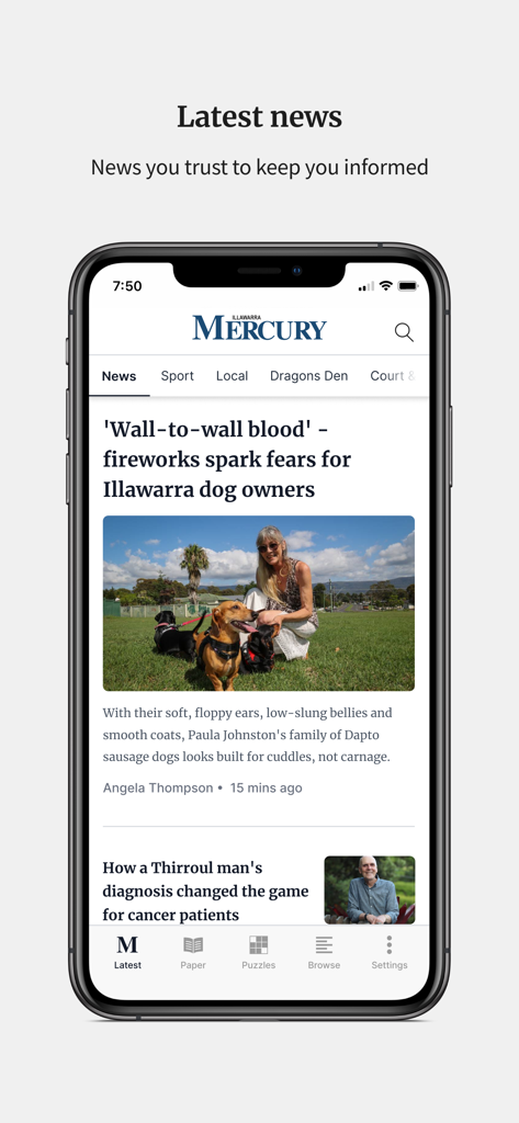 Illawarra Mercury - Illawarra Mercury mobile app home screen showing local news articles and navigation menu
