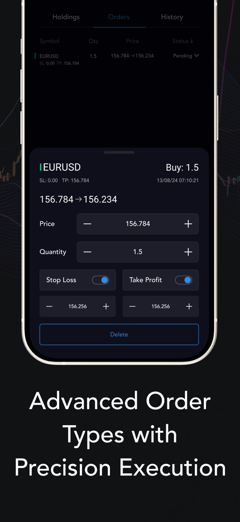 ActTrader - Advanced order management interface in the ActTrader app showing stop loss and take profit settings