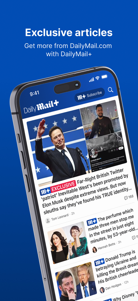 데일리 메일 플러스 구독 서비스의 독점 뉴스 기사 및 헤드라인을 표시하는 스마트폰 화면