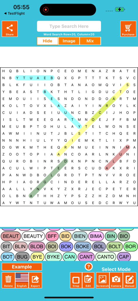 Word Search Solver AI Omniglot - A screenshot of the Word Search Solver AI app interface showing a 20x20 grid with highlighted words and a list of found words at the bottom.