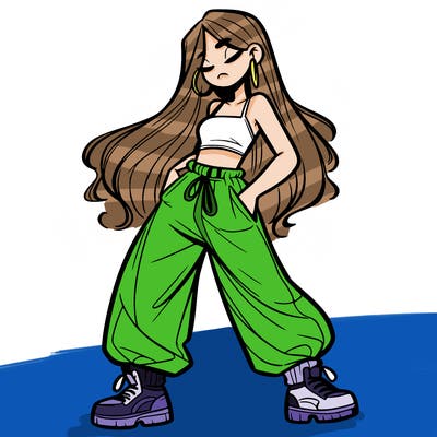 girl in baggy pants crop top and long hair