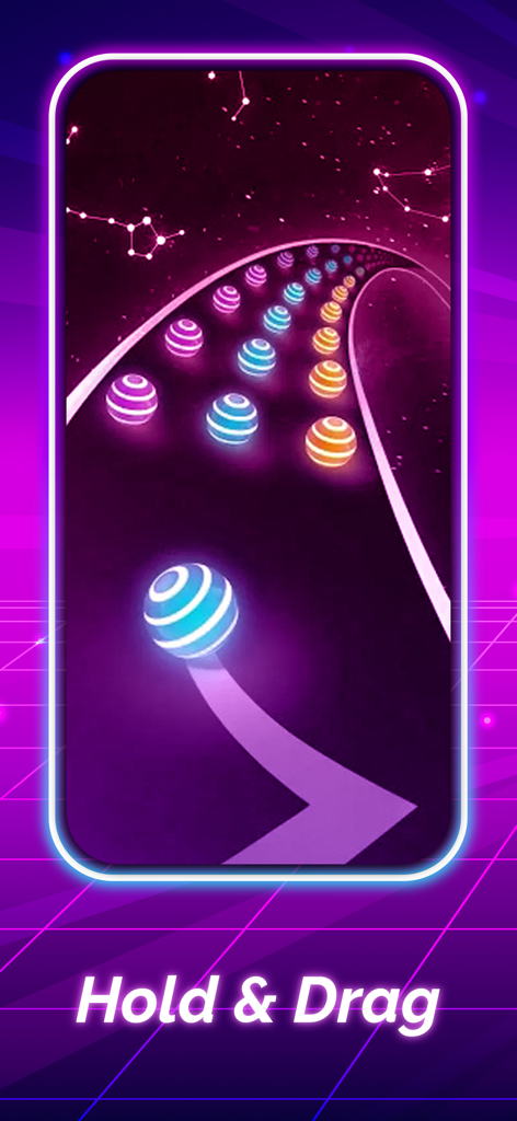 Dancing Ball - Music Hop Ball - A glowing blue ball on a neon purple track with smaller colorful balls and the text Hold and Drag