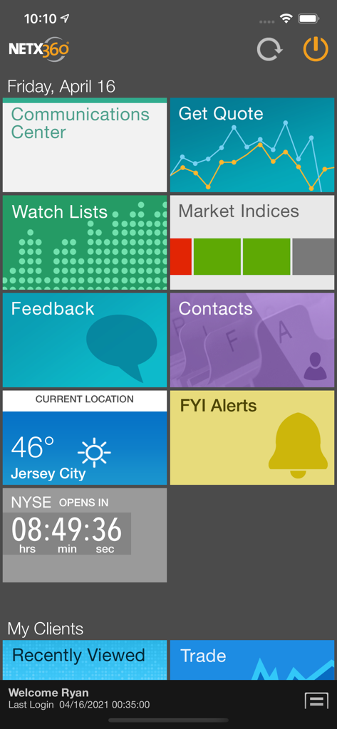 NetX360 Mobile app dashboard showing financial market tiles and professional advisor tools