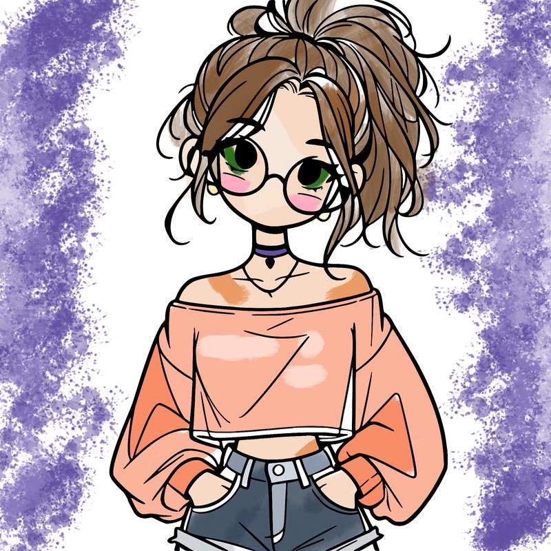 girl with a messy ponytail glasses a baggy crop top and jean shorts