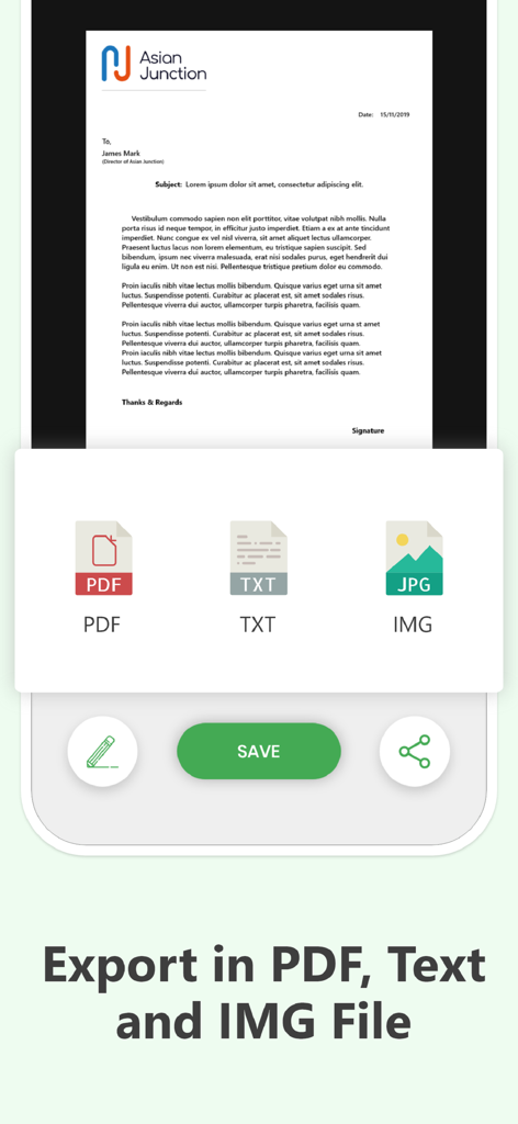A mobile interface showing options to export scanned documents as PDF, TXT, or IMG files.
